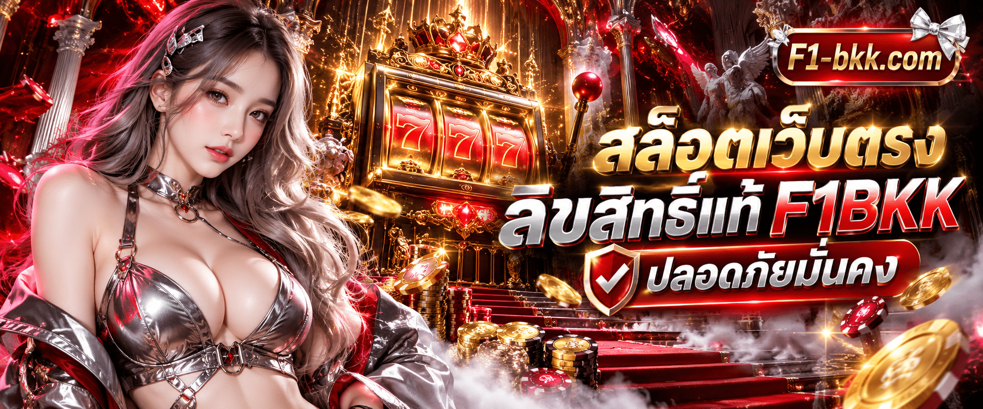 ภาพกราฟิกตู้สล็อตแมชชีนสีทองตั้งเด่นคู่กับโลโก้แบรนด์เพื่อสื่อถึงความน่าเชื่อถือของ F1BKK สล็อตเว็บตรง ลิขสิทธิ์แท้ 100 ที่โปร่งใสปลอดภัย